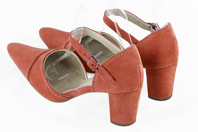 Terracotta orange women's open side shoes, with an instep strap. Tapered toe. Medium block heels. Rear view - Florence KOOIJMAN
